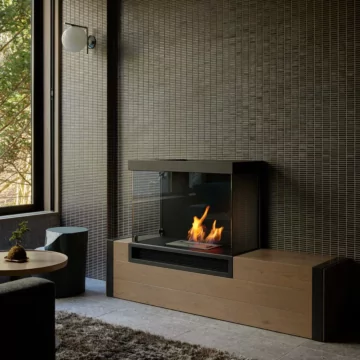 EcoSmart Fire XS340 Ethanol Burner recessed in brushed-chrome hearth adds bioethanol warmth to FUFU Kyu-Karuizawa lounge.